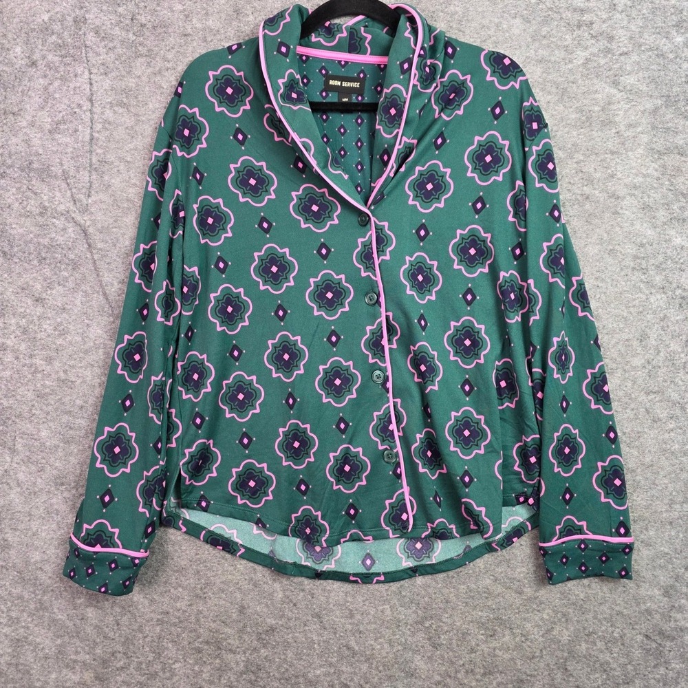 Room Service Pajama Top Womens Medium Green Pink Geometric Button Up ZRS97677